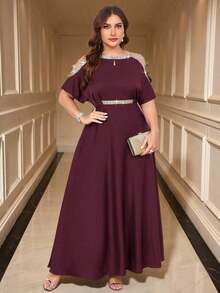 Clasi Vestido de talla grande de verano elegante con empalmado, cinta, hombros recortados y cintura - Rojo violeta - Ver 6