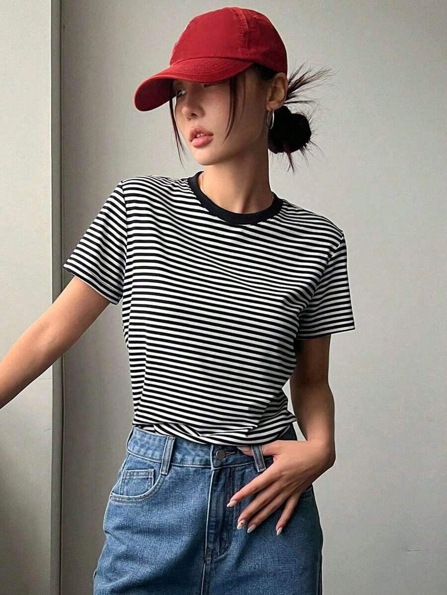 Camiseta de manga corta de cuello redondo de unicolor versátil y casual para el verano - Negro 2 - Ver 1