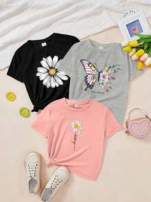3 piezas Crop Top simple y casual para mujer con manga corta entallada, estampado de flores y mariposas, cuello redondo - Multicolor 2 - Ver 1