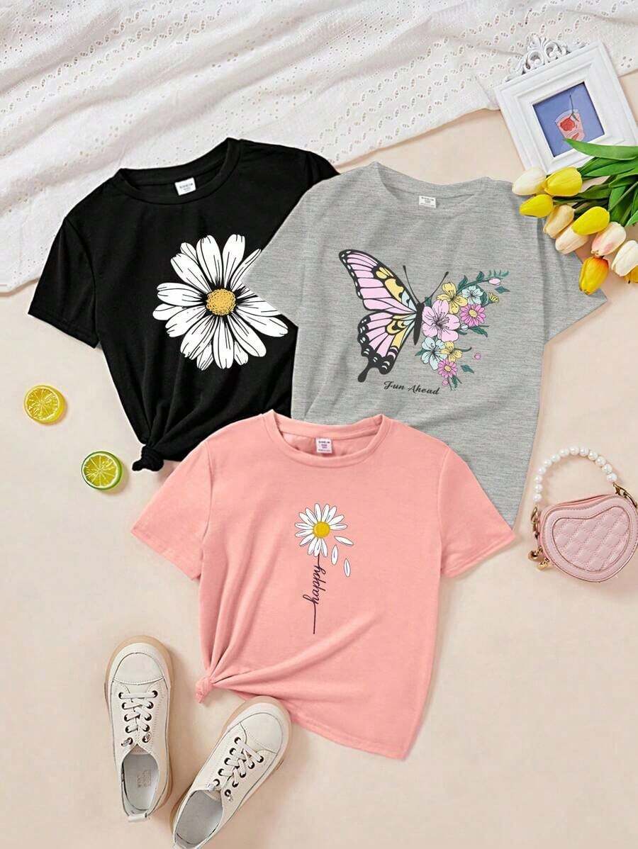 3 piezas Crop Top simple y casual para mujer con manga corta entallada, estampado de flores y mariposas, cuello redondo - Multicolor 2 - Ver 1