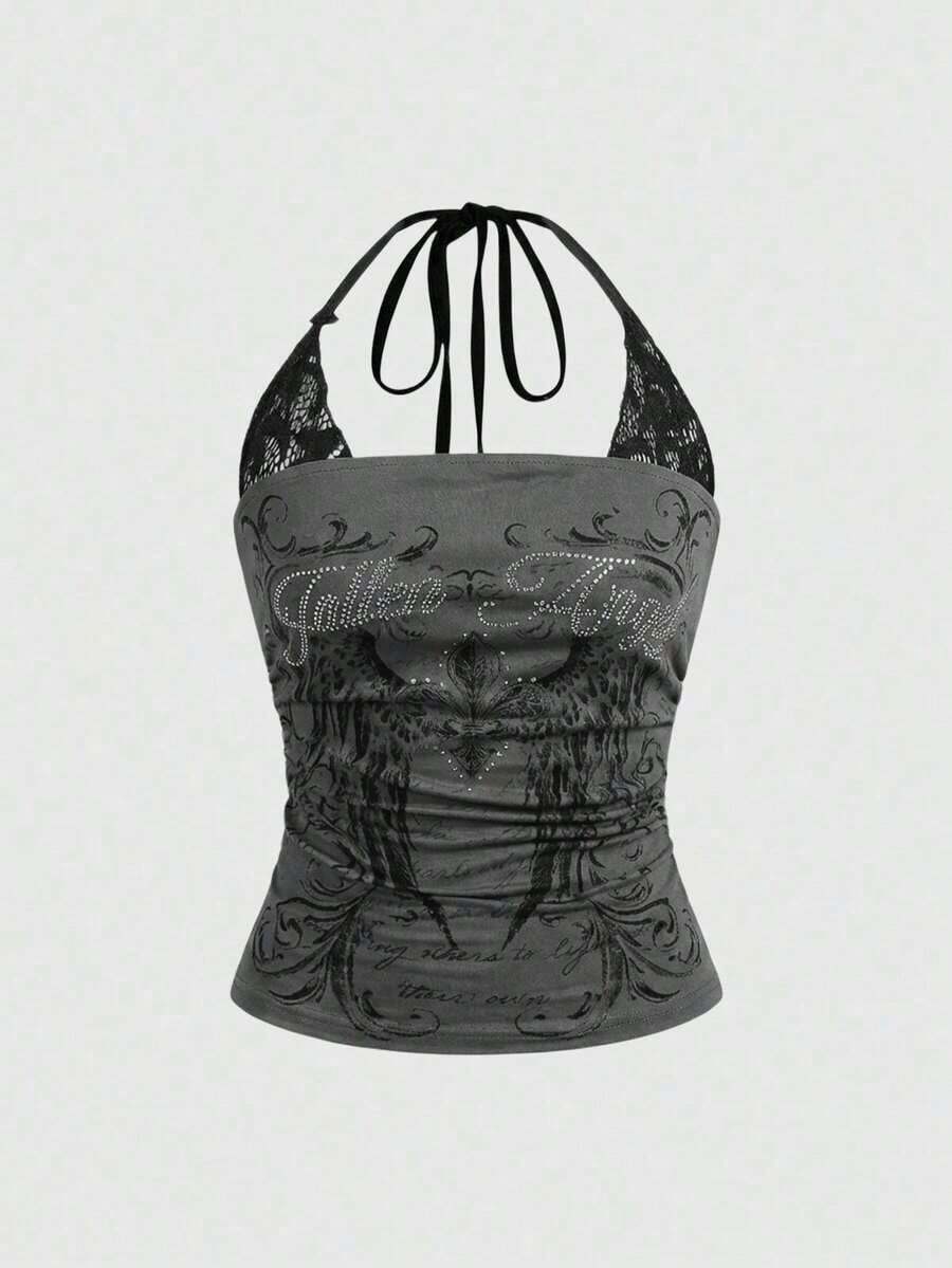 Conjunto de concierto Y2K para mujer, top corto de algodón con contraste de encaje y estampado de calavera punk en 2 en 1 - Multicolor 2 - Ver 1