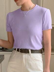 Camiseta de manga corta de cuello redondo de color liso para verano - Morado - Ver 6