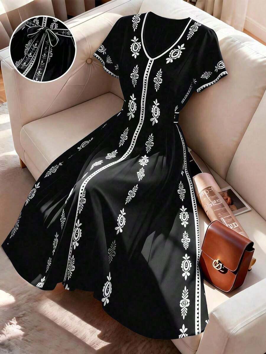 Vestido de verano floral bohemio elegante y casual - Negro - Ver 1