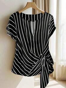 Blusa casual con mangas cortas y atar para mujer a rayas - Negro - Ver 1