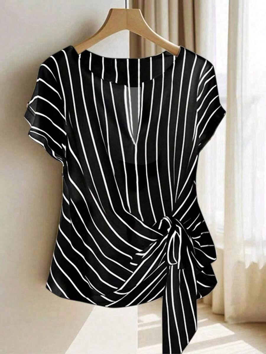 Blusa casual con mangas cortas y atar para mujer a rayas - Negro - Ver 1
