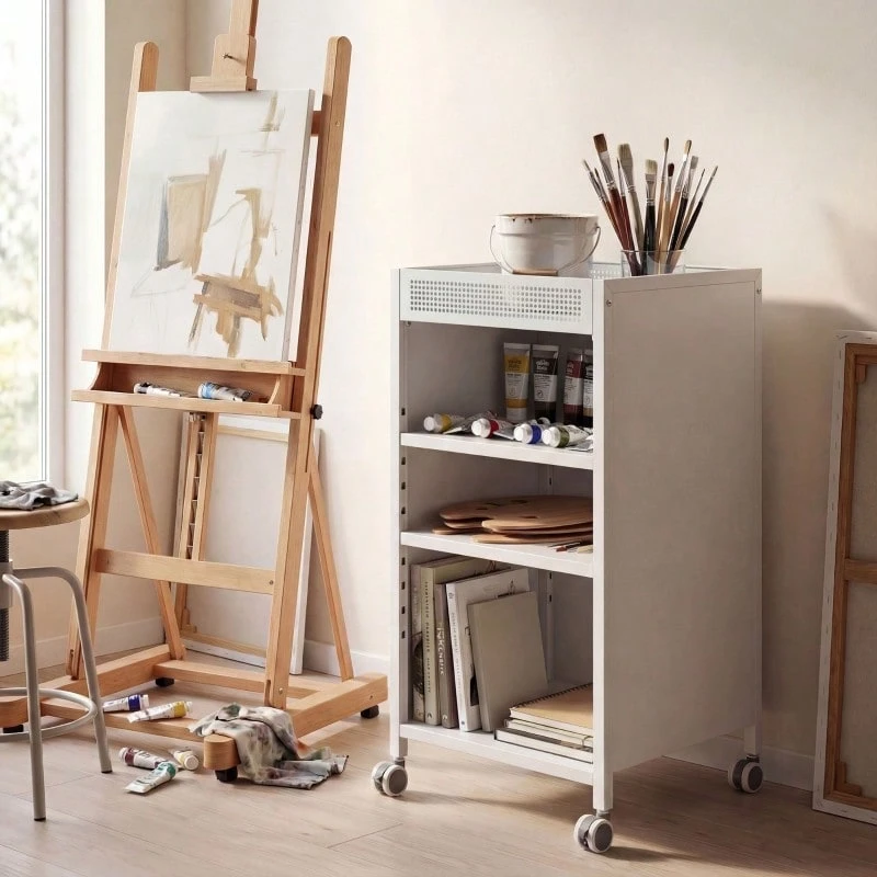 Mobile Bookcase With Adjustable Shelves, 3-Tier Rolling Cart With Top Basket, White - 白色 - 查看 1