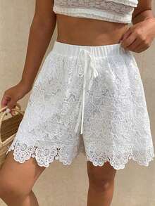 Pantalones cortos casuales de playa de encaje blanco con parches, adecuados para primavera y verano, vacaciones y bodas - Blanco 3 - Ver 5