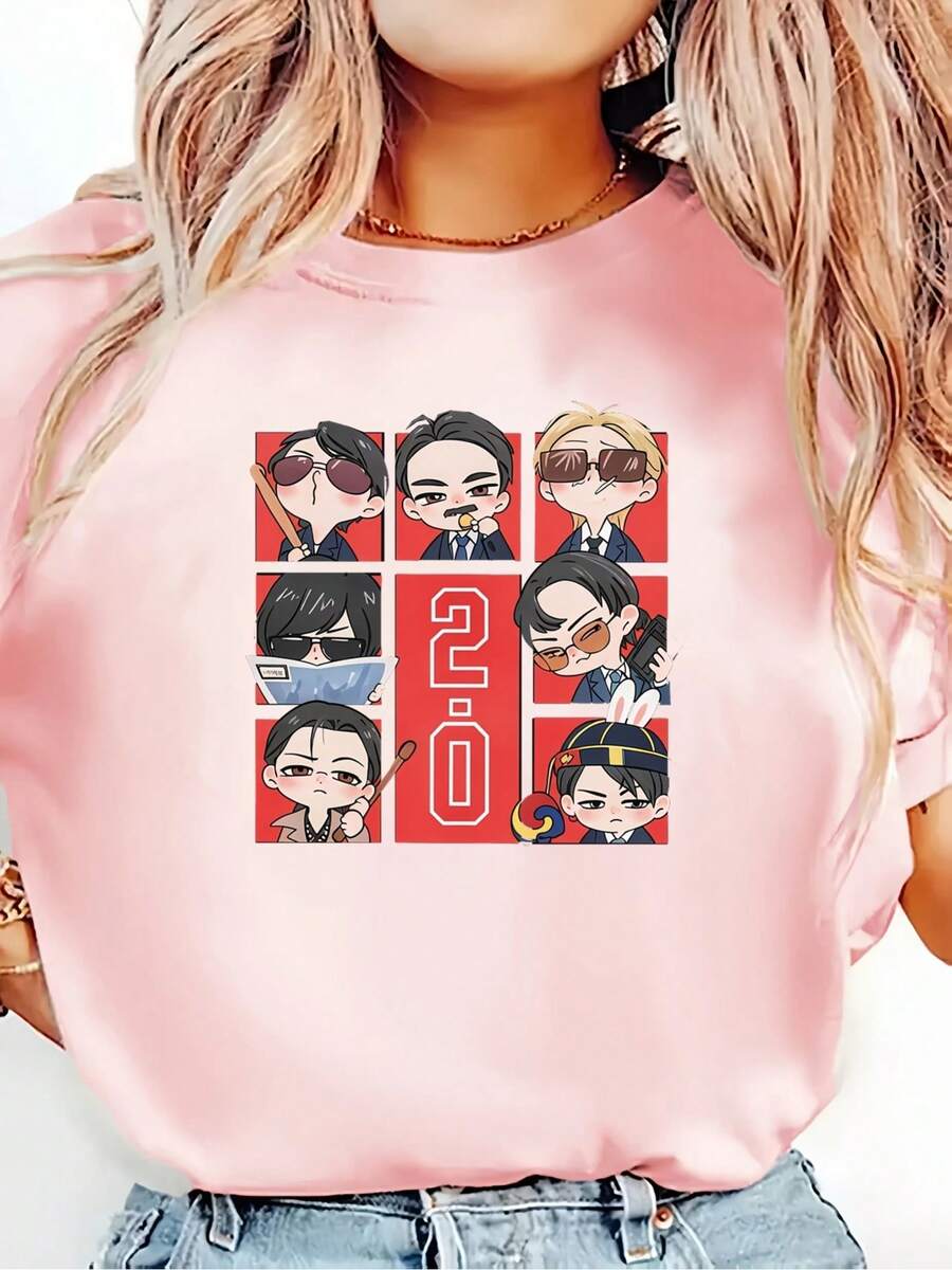 Women's Q Style Fan-Made T-Shirt, Suitable For All Seasons - Cute Chibi Actor Collection T-Shirt With Iconic Designs, Crew Neck, Machine Washable For Casual Wear (No Parts) - White - View 1