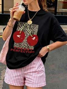Camiseta mujer cuello redondo manga corta, estampado de leopardo, cerezas y letras, estilo suelto cómodo, ropa casual para diario, ideal para verano y uso cotidiano juvenil YV3S - Negro - Ver 6