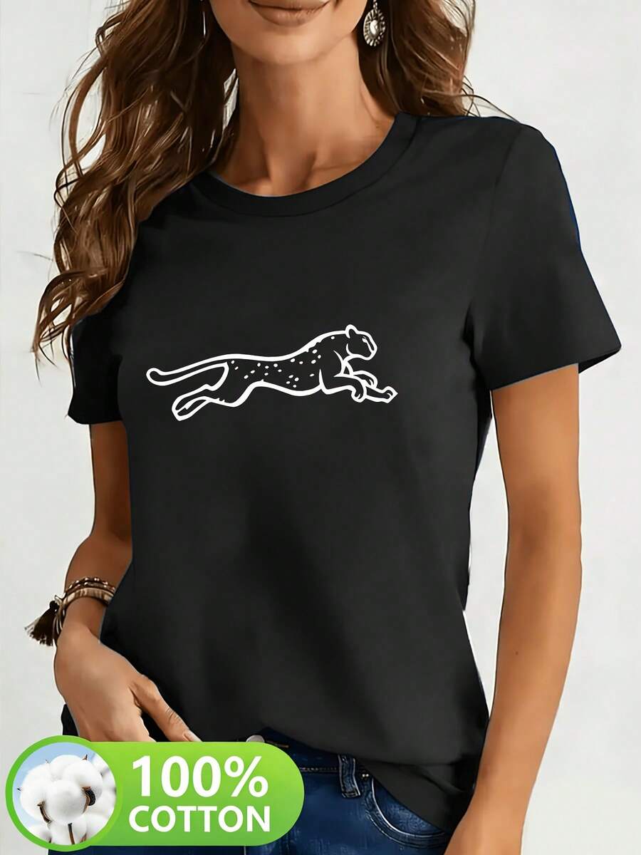 Cheetah Art Print - Y2K Style - Women's Fashion Casual Sports T-Shirt With Round Neck And Short Sleeves, 100% Cotton, Suitable For Spring, Summer, Autumn And Winter - 黑色 - 查看 1