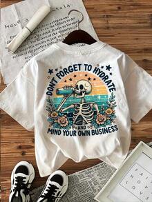 [Vintage T-Shirt For Women] Vintage Women's T-Shirt With Skeleton And Flower Print | 100% Cotton, Short Sleeve, Round Neck, Slogan "Don't Forget To Hydrate" | Machine Washable, Comfortable, Breathable, Retro Style, For Spring And Summer - [白色的] - 查看 7