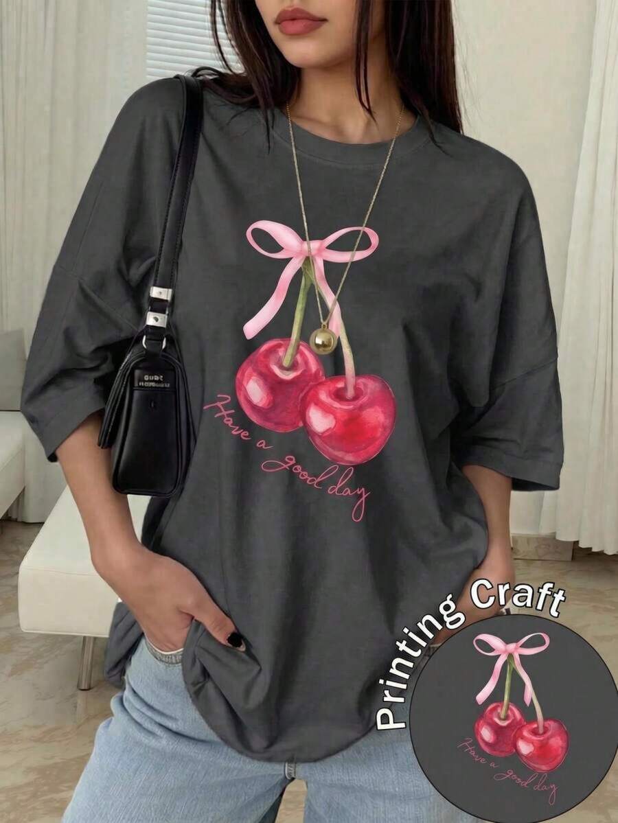 Women's Casual Black Short Sleeve T-Shirt, Polyester, Cherry Print, Round Neck, Regular Fit, For Everyday Wear XF2C - 深灰色 - 查看 1