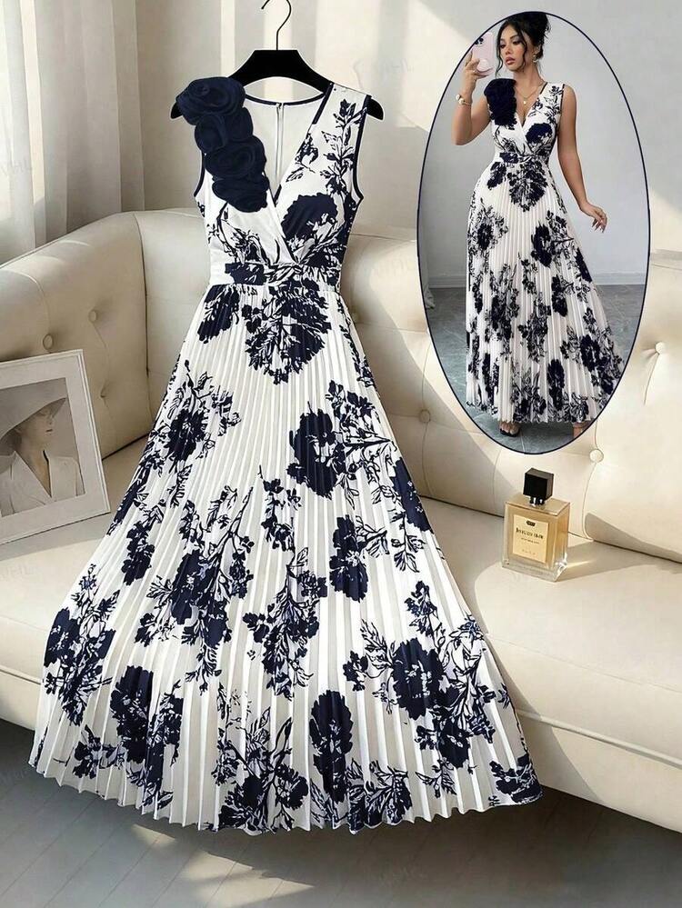 Vestido de verano de cuello en V azul claro con cintura ceñida, aplicación floral en el pecho y falda plisada en línea A, elegante estilo francés - Albaricoque - Añade 4