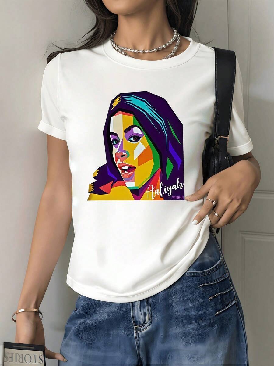 Colorful Face Formed By Geometric Lines That Express Strength, Creativity And Freedom With Vibrant Tones That Evoke Modern And Confident Feminine Energy. Elegant Casual Women's T-Shirt For Everyday Wear - 白色 - 查看 1