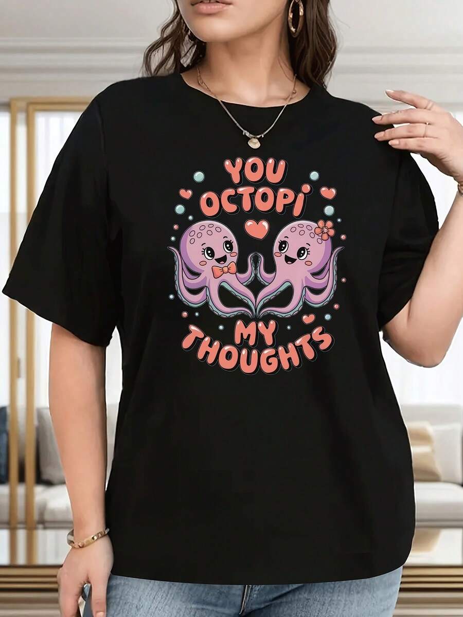 Plus Size Crew Neck Graphic T-Shirt For Women With The Phrase "You Octopi My Thoughts" - Soft And Comfortable Short-Sleeved Crew Neck T-Shirt With A Fun Octopus Design, Suitable For All Seasons, Perfect Gift For Friends, Casual Wear T-Shirt. | Fun Print T-Shirt | Soft Fabric Shirt, Women's T-Shirt, Casual Women's Blouse - 黑色 - 查看 1