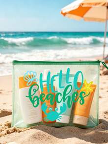 Multi Color Waterproof Fashionable Mesh Beach Bag, Colorful "Beach" Printed Makeup Bag, Crab, Shell Pattern Beach Theme. Large Capacity Transparent Makeup Bag, Nylon Zipper Wash Bag - Lightweight, Can Store Sunscreen, Snacks, Bikinis, And Beach Essentials. Spring And Summer Storage, Durable, Very Suitable For Swimming - Multicolor - View 5