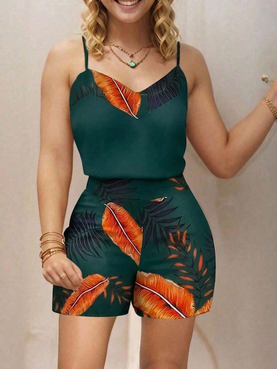 2 piezas Conjunto de top de tirantes y shorts estampados con plantas para mujeres - Verde Oscuro - Ver 1