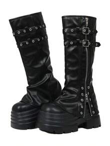 Women's Punk Platform Fold Over Boots Gothic Chunky High Heel Mid Calf Boots Fashion Studded Rivets Decor Comfy Cosplay Halloween Party Y2K Shoes Woman - 黑色 - 查看 6