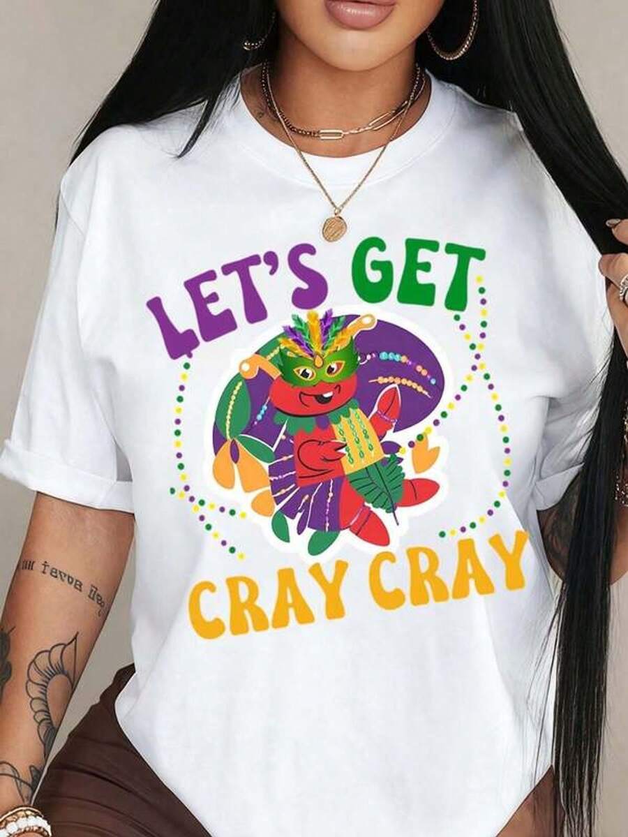 Women's Short Sleeve T-Shirt With Round Neck And Print "Let's Have A Crazy Time With The Shrove Tuesday Crab" S-3XL Fashionable, Comfortable And Breathable, Machine Washable - White - View 1
