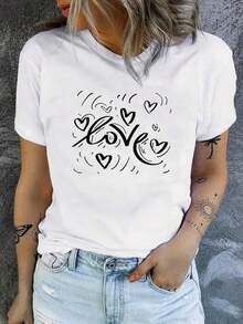 Women's Fitted Casual T-Shirt With "Love" Heart Print, Breathable And Comfortable, Short Sleeve And Round Neck, Minimalist Valentine's Day Print, Made Of Soft Cotton, Perfect For Everyday Wear And Urban Romantic Style. - 白色 - 查看 1