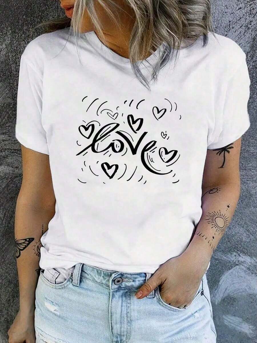 Women's Fitted Casual T-Shirt With "Love" Heart Print, Breathable And Comfortable, Short Sleeve And Round Neck, Minimalist Valentine's Day Print, Made Of Soft Cotton, Perfect For Everyday Wear And Urban Romantic Style. - 白色 - 查看 1