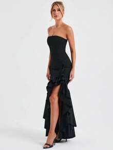 Sleeveless Knit Maxi Dress With Ruffles, Elegant And Sensual Bustier Spring Summer Fashion - Black - View 4