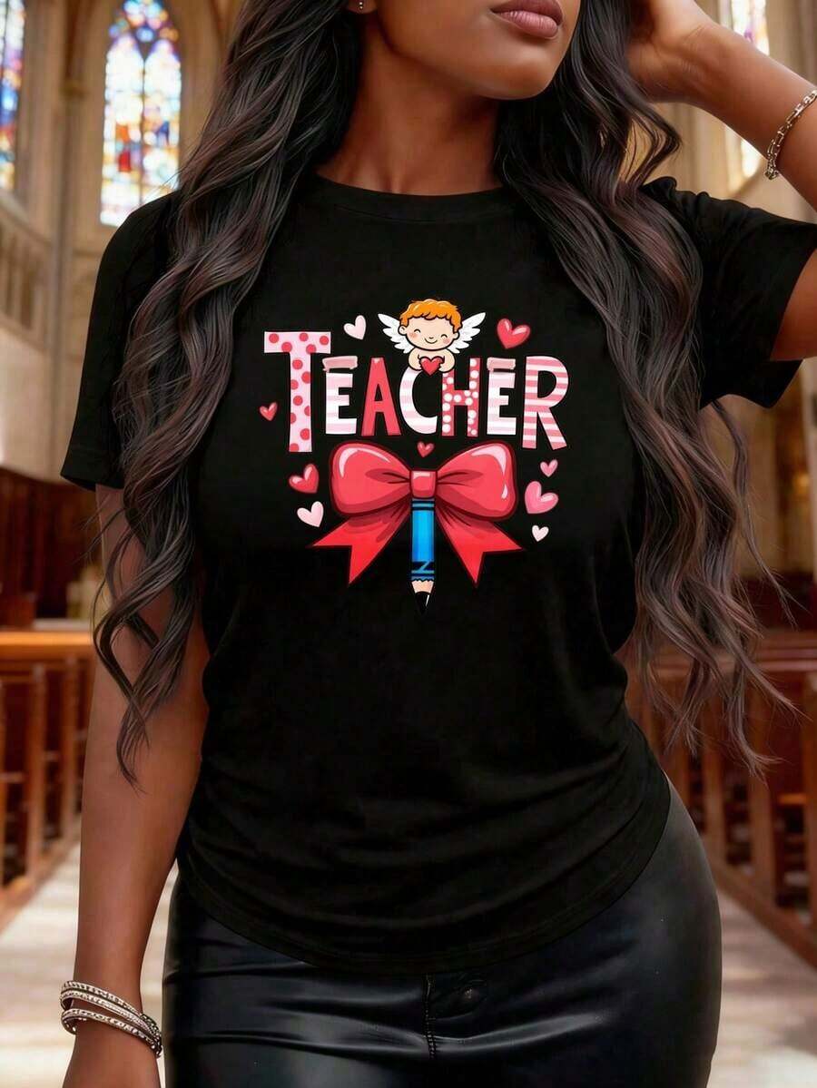 Fun Casual T-Shirt With Round Neck Print For Teachers, Angel, Pencil, Bow And Heart Design, Ideal For Valentine's Day Gifts Or Parties - 黑色 - 查看 1