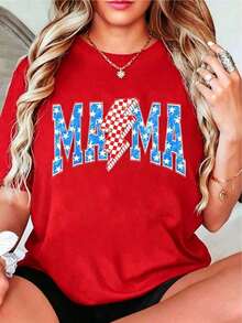 1 Piece Women's MAMA Graphic T-Shirt 100% Cotton, With American Flag Star And Lightning Bolt Print, Round Neck, Patriotic Casual T-Shirt For 4th Of July, Vintage Style, Streetwear For Mom, Soft. - 紅色 - 查看 1