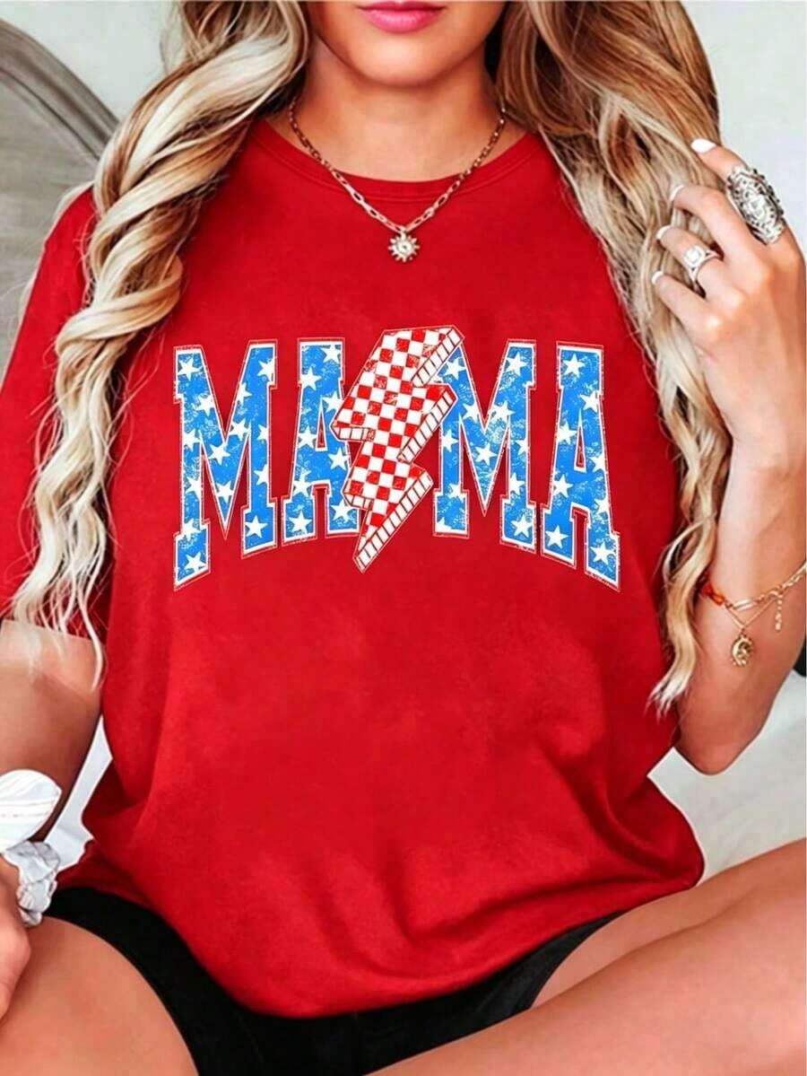 1 Piece Women's MAMA Graphic T-Shirt 100% Cotton, With American Flag Star And Lightning Bolt Print, Round Neck, Patriotic Casual T-Shirt For 4th Of July, Vintage Style, Streetwear For Mom, Soft. - 紅色 - 查看 1