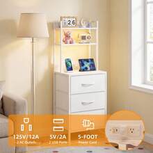 Tomnk Tall Nightstand With Charging Station, Led Night Stand With U-S-B Port & Socket, 2/3 PU Finished Fabric Storage Drawers, Office, Bed Side Table & Bookshelf In One, White/Rustic Brown - US B Type Plug(110-127V) - View 4