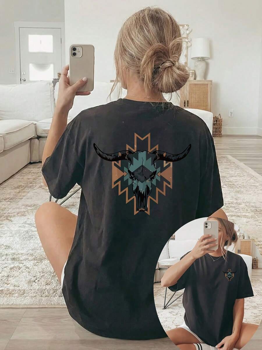 [Impresión a doble cara] Ropa casual holgada para mujer, primavera/verano, camiseta de manga corta con cuello redondo y estampado geométrico de calavera de vaca. - Negro - Ver 1