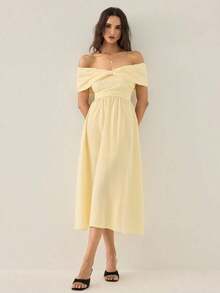 Gaivellea Vestido elegante, romántico y sofisticado con hombros descubiertos, lazo en la cintura y silueta evasé, adecuado para salidas y citas de primavera/verano - Albaricoque - Ver 4