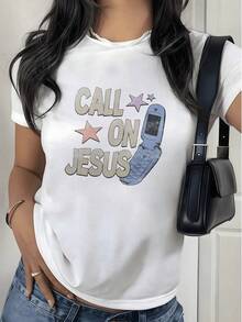 Fashionable Women's T-Shirt, Women's T-Shirt With Retro Telephone And Star Print, Modern Cut, Soft And Comfortable Fabric. 100% Cotton, Ideal For Casual And Original Looks. - 白色 - 查看 1