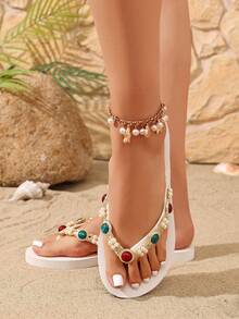 OXLL Original Design European & American Vintage Colorful Beaded Chain Flip Flops, Bohemian Style Soft Sole Beach Sandals, Summer Versatile Outdoor Wear - White - View 4