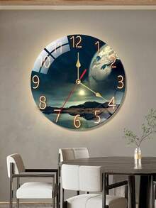 1PC Silent Wooden Wall Clock Silent Round Wooden Wall Clock - Earth Landscape Design, Battery-Powered Decorative Timepiece For Living Room Or Kitchen, Modern Style, Clock Wall Decor - Multicolor - View 8