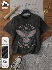 Camiseta casual de verano para mujer de talla grande con estampado de pájaro negro de cuello redondo y manga corta, Parte superior de mujer con estampado de banda de rock antigua, Ropa de verano para mujer con estampado de letra de los Beatles 2026, Ropa de fiesta cómoda para familia con estampado de pájaro y alas de colores. - Negro - Ver 2