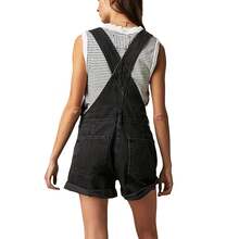 Denim Overalls Mini Dress For Women High Stretchy Adjustable Strap Jean Short Dress With Pockets, Solid Color/Camouflage/4th Of July USA Flag Print Sleeveless Suspender Dress - F130-Đen - Xem 4