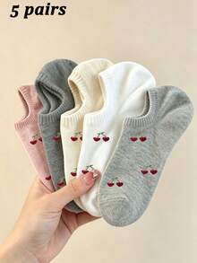 1/5/10 Pairs Women Heart & Cherry Solid Color Ankle Socks, Sweet Breathable Comfortable Invisible Socks, Suitable For Daily Wear, Sports, Home, All Seasons - Multicolor - View 13