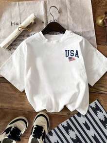 Tops de mujer, playera blanca de algodón con diseño de USA y bandera, estilo clásico y fresco para primavera verano 2026 - Blanco - Ver 2