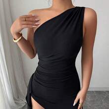 Nuevo vestido negro asimétrico sexy con hombro plisado, recorte hueco y abertura alta, adecuado para vacaciones, citas y fiestas en verano - azul real - Ver 4