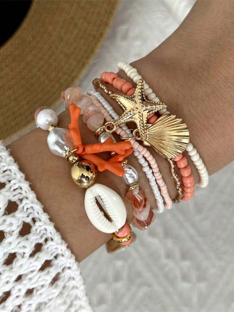 Set de 7 piezas de pulsera con estrellas de mar y conchas de cristal, adecuado para que las mujeres lo usen en la playa o de viaje - Multicolor - Ver 1
