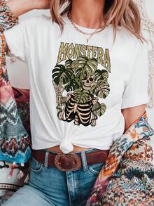 Camiseta de mujer de manga corta, de gran tamaño, con estampado de calavera, monstruo, tigre malasio y flores. |   Cómodo y casual, cuello redondo, longitud regular, patrón geométrico, versátil para estilos de primavera y verano, elegante regalo para mujeres, 100% algodón. - Blanco - Ver 7