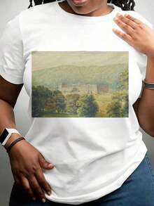T-Shirt With Artistic Print Of Historic Palace Landscape, Suitable For Casual Sportswear, 220g - Vintage Urban Style, Unisex, Cotton, Short Sleeve, Round Neck, 100% Cotton - 白色 - 查看 7