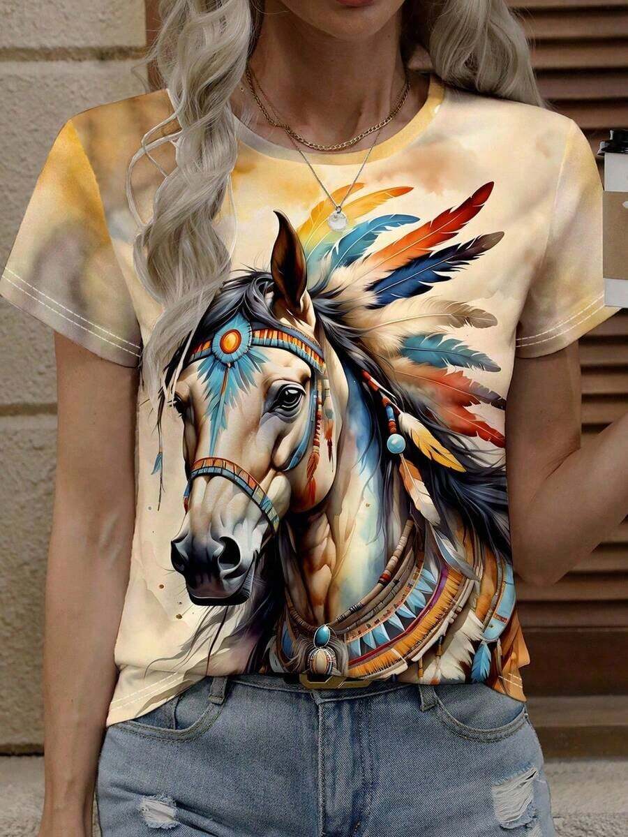 LUNE Camiseta de manga corta con cuello redondo y estampado de elementos de caballo para Halloween para mujer, camisetas gráficas de verano para mujer - Multicolor - Ver 1