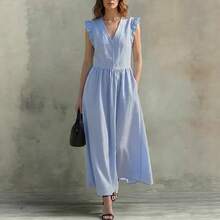 Vestido Sin Mangas Mujer Primavera Verano 2026, Cuello V con Bordes con Volantes en Tela Algodón Lino Estilo Casual - Azul - Ver 4