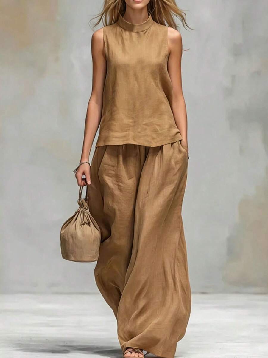 Women's Two-Piece Set, European And American Style 2026, With High Neck, Sleeveless, Cotton And Linen, Solid Color. - Khaki - View 1