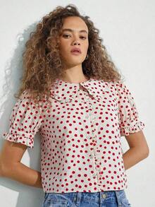 2026 Camisa de algodón 100% con botones, cuello con volantes y mangas cortas, estilo lindo para vacaciones - Rojo y blanco - Ver 4