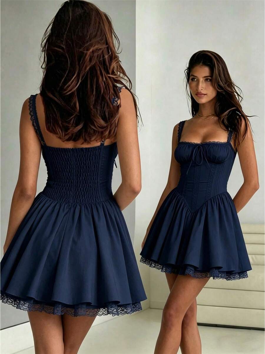 Women's Flower Embroidery Boho Mini Dress Backless Self-Tie Bowknot Square Neck Wide Straps Ruffle Mini Dresses Sleeveless Summer Vacation Short A-Line Dress - F1309-海軍藍 - 查看 1
