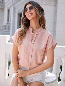 LUNE Blusa de mangas de murciélago con cuello en pico y estampado de rombos en dorado, tops de manga corta - Rosa vieja - Ver 7