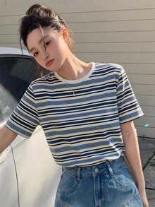 Camiseta de cuello redondo con estampado de rayas para Pascua - Azul - Ver 1